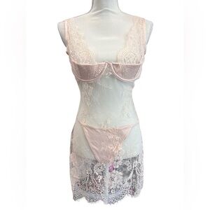 VENUS Sheer Lace Babydoll Lingerie Set XL Blush Pink Bridal Chemise